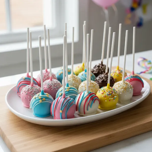 A collection of beautifully decorated cake pops with various colors, sprinkles, and drizzles on sticks.