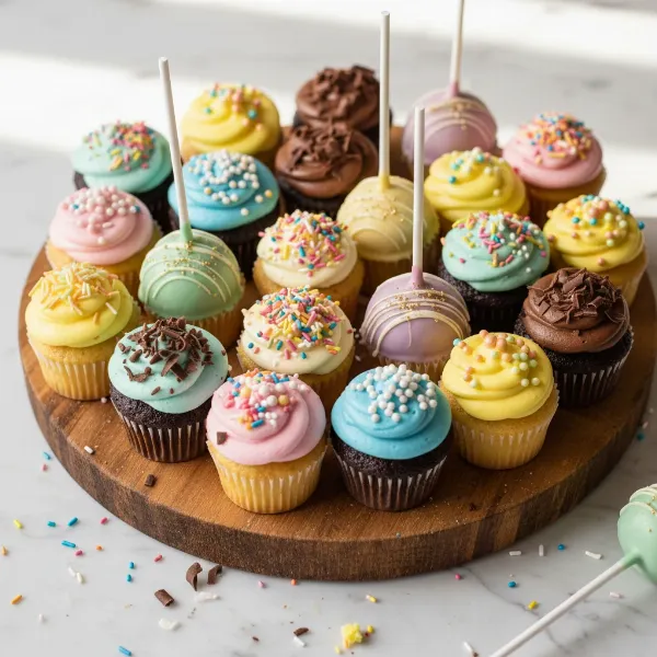 A vibrant assortment of decorated mini cupcakes and cake pops, showcasing various colorful frostings and toppings.