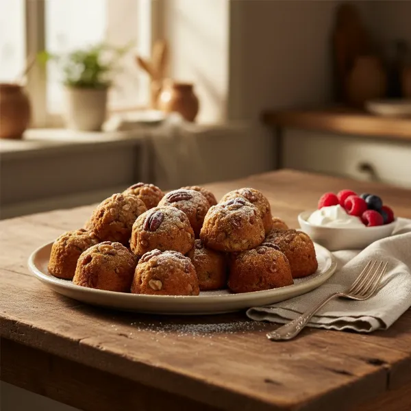 Plate of freshly baked mini nut cakes with a dusting of powdered sugar, ready to serve.