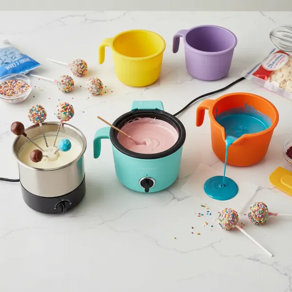 A visual comparison of various cake pop melting pots, including electric and silicone models.