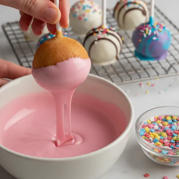 Hands dipping a vanilla cake pop into melted chocolate and adding sprinkles for decoration.