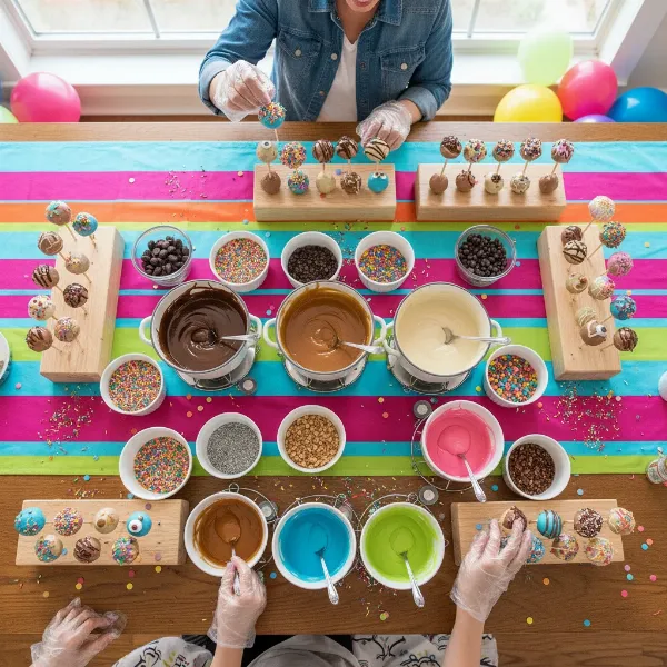 Vibrant DIY cake pop decoration station with sprinkles, glazes, and hands decorating.