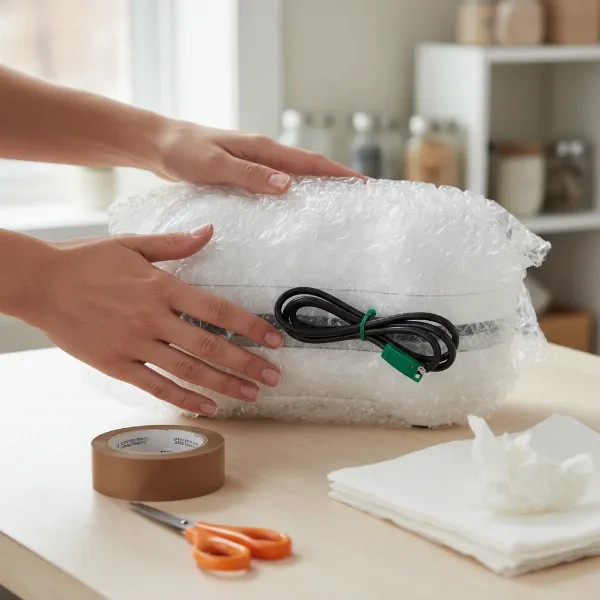 Hands wrapping a cake pop maker in bubble wrap, securing cords for travel protection.