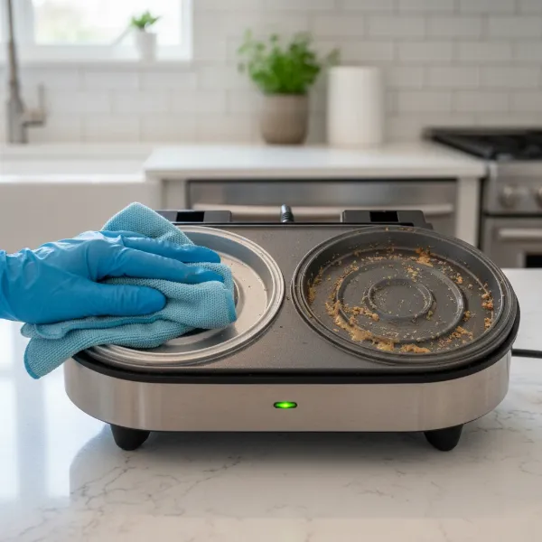 Close-up of electric cake maker plates being cleaned by a technician.