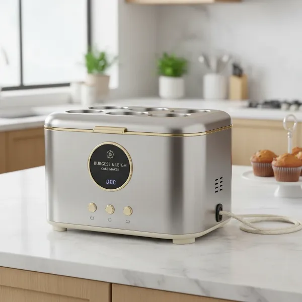 A modern electric cake maker with a sleek design and elegant finishes on a kitchen counter.
