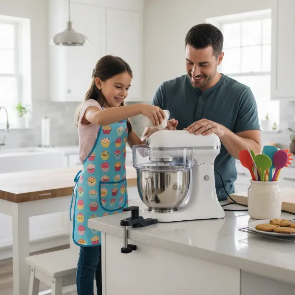 A child and adult safely using an electric cake maker to bake cakes.