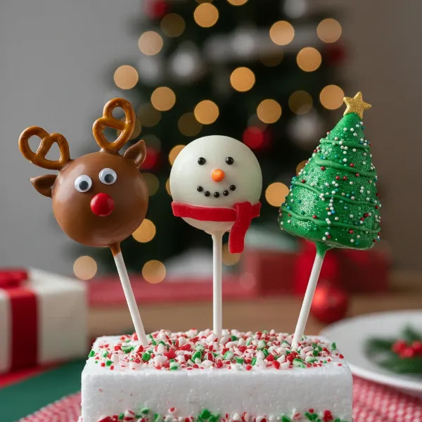 A display of beautifully decorated holiday cake pops with various festive themes.