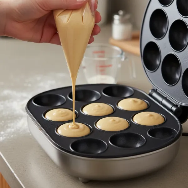 Hands using a piping bag to precisely fill cake pop maker cavities with donut batter for baking.