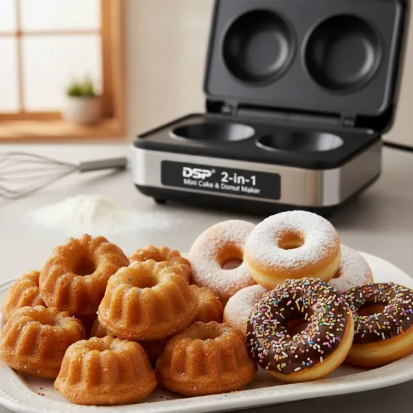 Delicious, freshly baked mini cakes and donuts arranged beautifully on a plate from the maker.