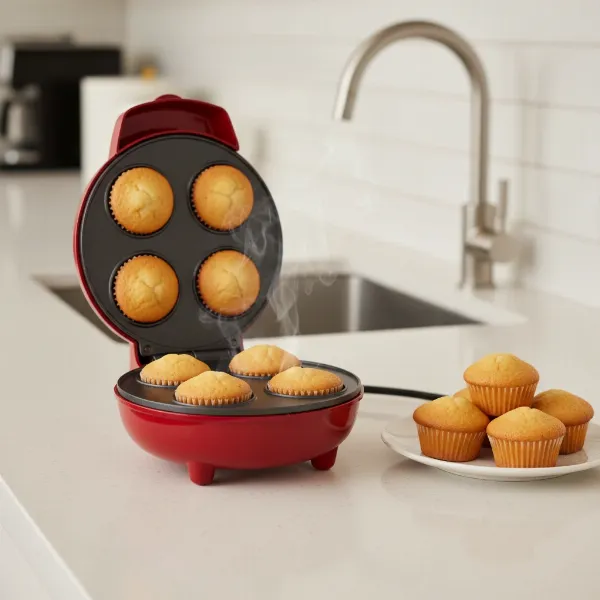 Compact Giles and Posner mini cupcake maker with freshly baked golden cupcakes on a kitchen counter.