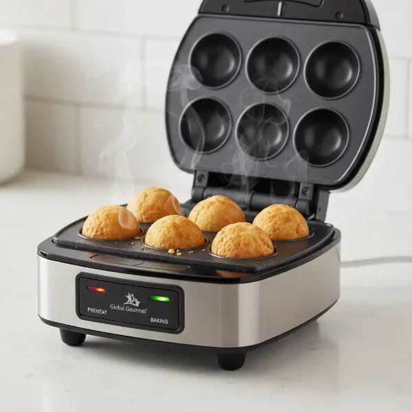 Global Gourmet cake pop maker baking perfectly round cake pops, demonstrating efficiency and ease.