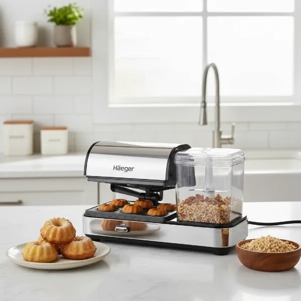 A Haeger electric cake and nut maker on a kitchen counter, showing its compact design.