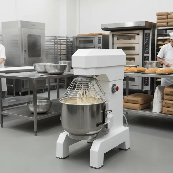 Large commercial planetary mixer with a metal bowl for bakery production.