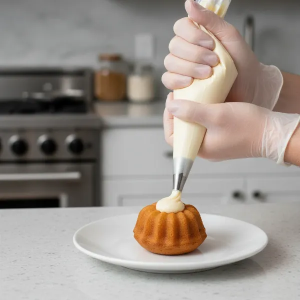 Hands using a piping bag with an injector tip to fill a mini cake with cream.