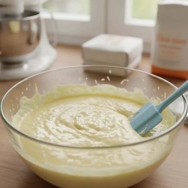Fluffy, light sponge cake batter gently folded in a mixing bowl, ready for baking.