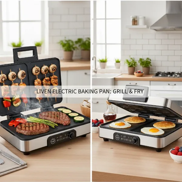 A Liven electric baking pan used for grilling meats and frying vegetables.