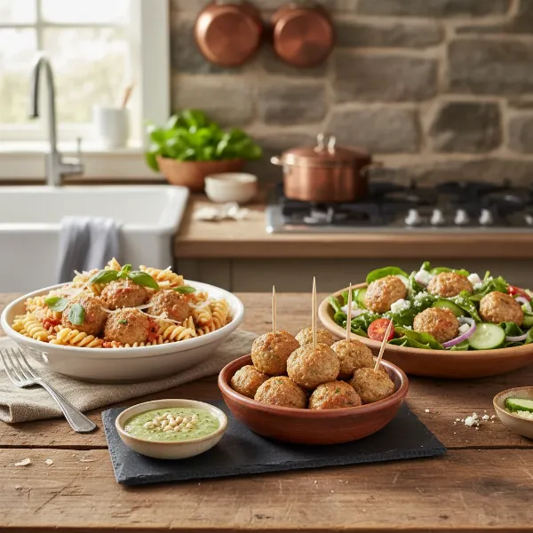Delicious meatballs served in various ways: with pasta, as appetizers, and in a salad