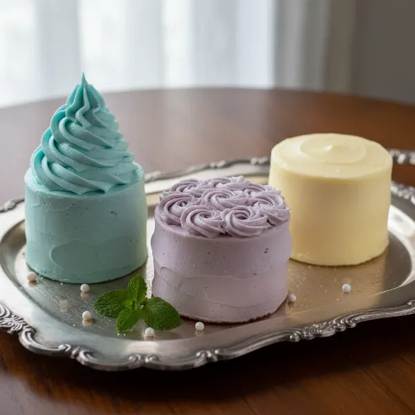 Close-up of mini cakes decorated with classic buttercream swirls, elegant rosettes, and smooth frosting.