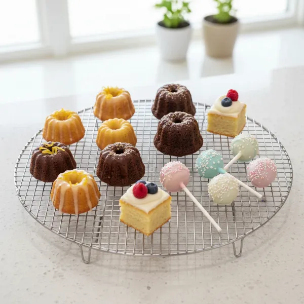 Mini cakes and cake pops cooling on a wire rack, ensuring even airflow