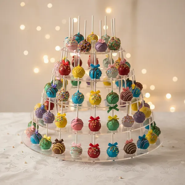Elegant multi-tiered acrylic cake pop stand displaying colorful cake pops.