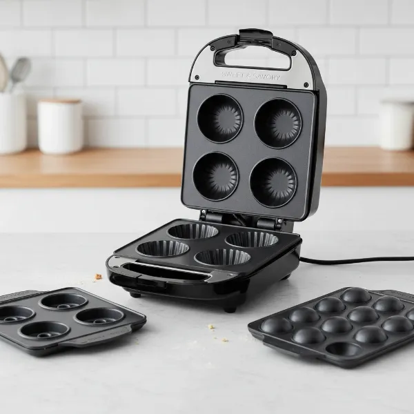 A multi-treat baker appliance showcasing interchangeable plates for donuts, cake pops, and cupcakes.