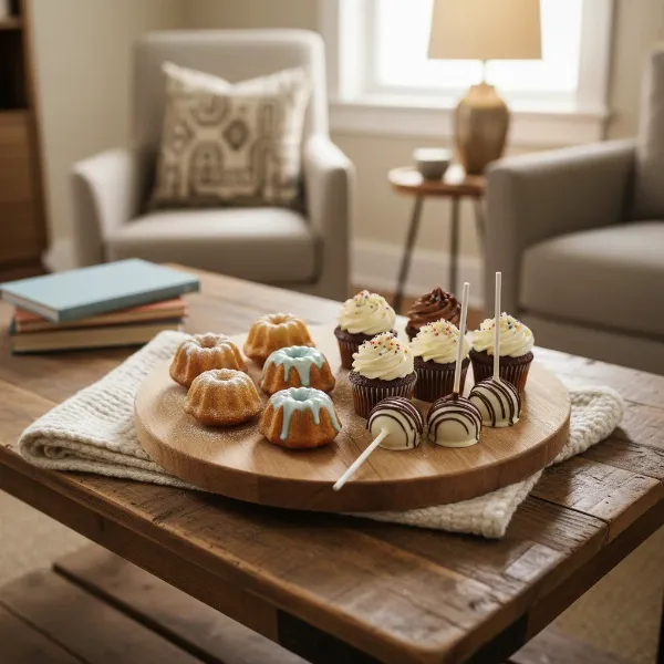 Assortment of baked goods like mini cakes, cupcakes, and cake pops from compact makers.