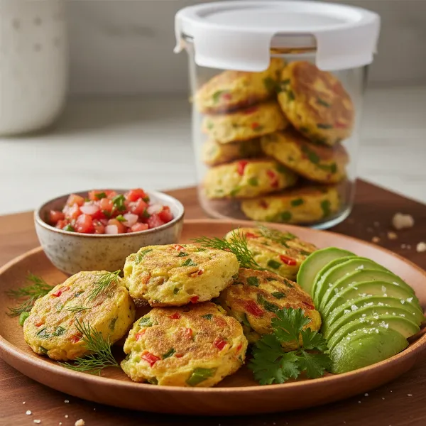 Ready-to-eat omelet bites on a plate with fresh ingredients and in a storage container