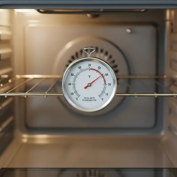Digital oven thermometer placed inside a home oven showing an accurate temperature reading.