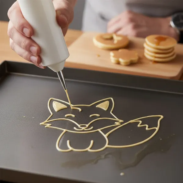 Detailed pancake art created on a griddle using a fine-tipped batter dispenser for precision