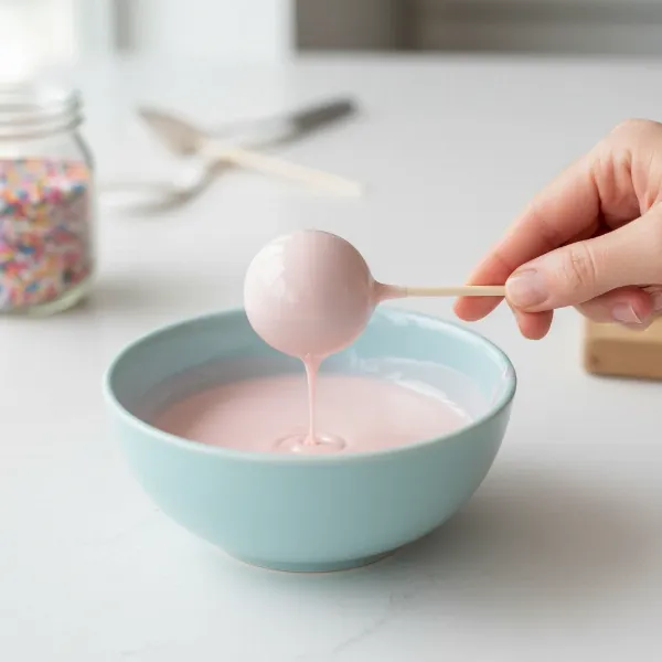 Hands demonstrating proper cake pop dipping technique for smooth, crack-free results.