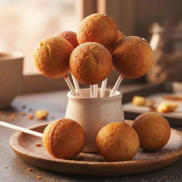 Delicious golden-brown cake pops on sticks, perfectly spherical and evenly cooked.
