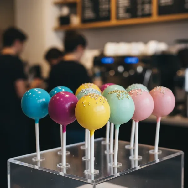 A close-up of beautifully decorated cake pops with a smooth, glossy coating, demonstrating ideal consistency.