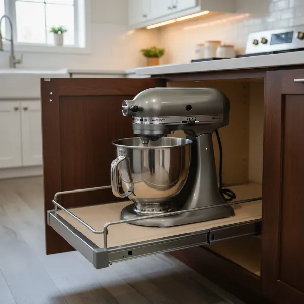 Kitchen cabinet with a heavy stand mixer on a sturdy pull-out shelf, easily accessible