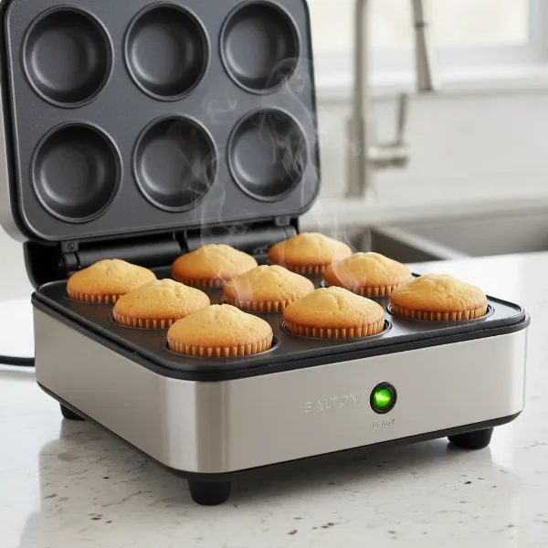 Salton mini cake maker baking golden brown cupcakes, highlighting its compact design and non-stick molds.