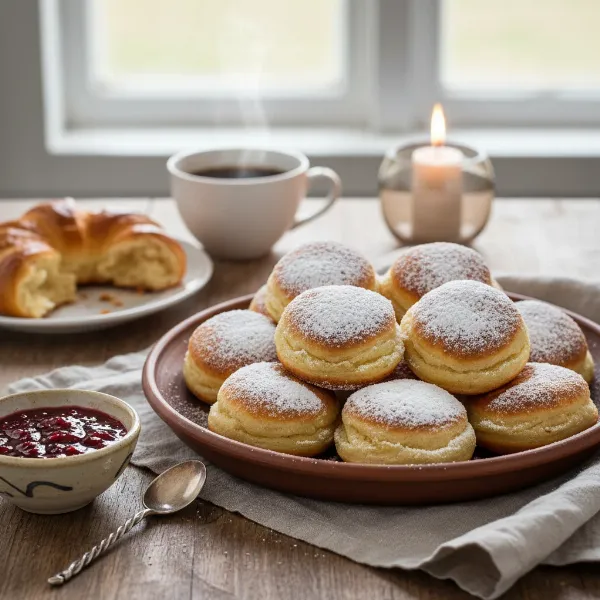 Warm aebleskiver dusted with powdered sugar and served with jam on a plate.