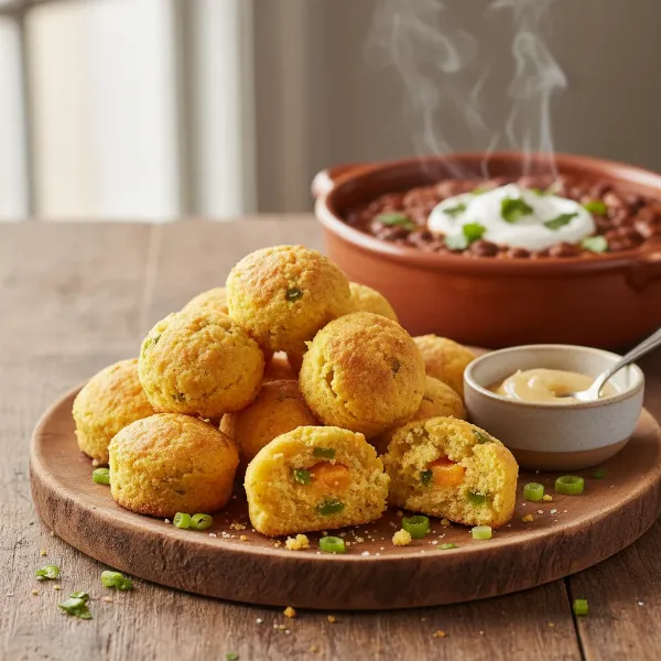 Savory cornbread balls served as a versatile side dish with dips.