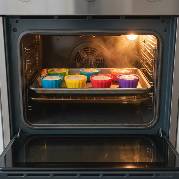 colorful silicone molds with batter placed on a metal sheet inside a preheated oven