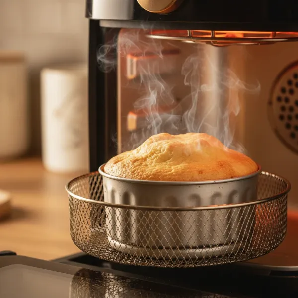 small cake baking inside an air fryer basket, steam rising, golden brown crust