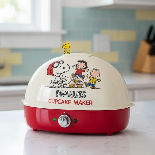 Smart Planet Snoopy Cupcake Maker with vibrant Peanuts character design on a kitchen counter.