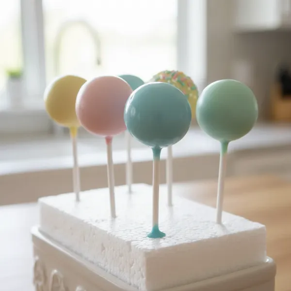 Smoothly coated cake pops in various pastel colors drying upright on a display stand.