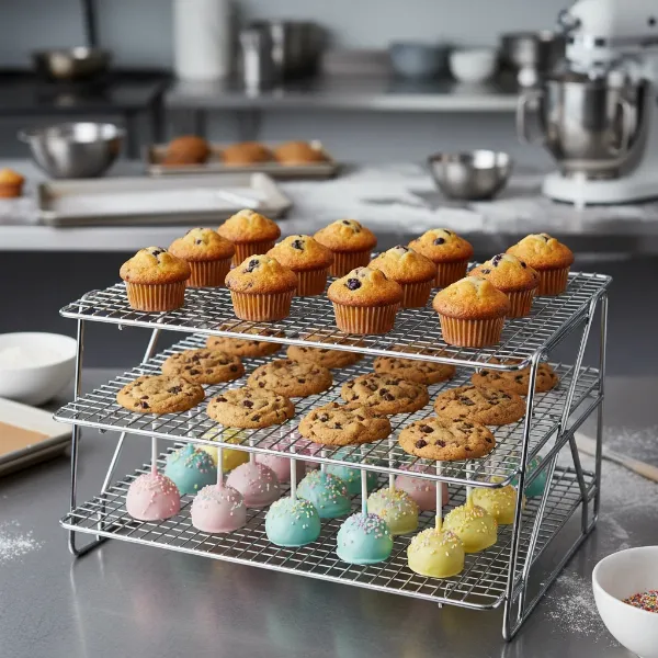 Multi-tiered stackable cooling racks holding numerous mini cakes and pastries