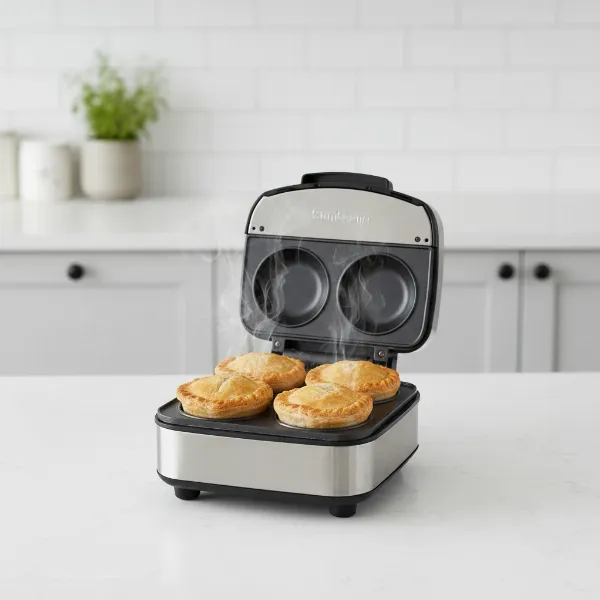 Compact Sunbeam pie maker on a kitchen counter, actively baking individual golden-brown pies.