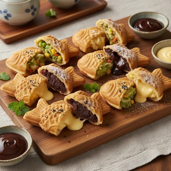 Assortment of freshly baked Taiyaki with diverse sweet and savory fillings, beautifully presented.