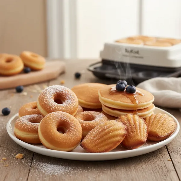 Assortment of freshly cooked mini donuts, madeleines, and pancakes from Tefal Snack Collection.