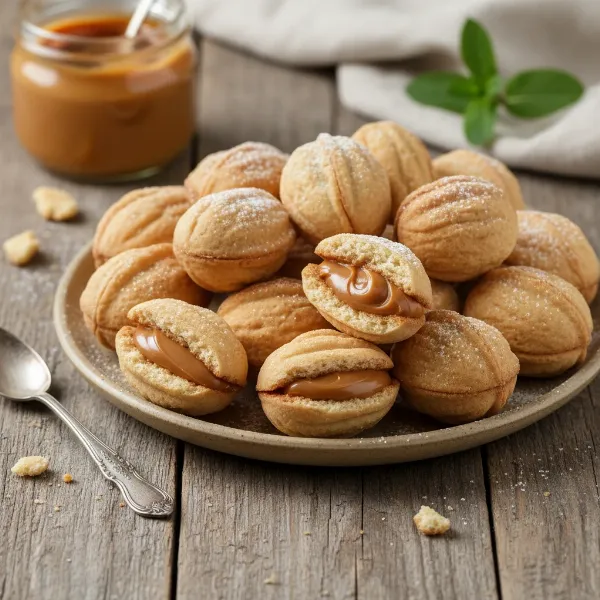 A plate of perfectly baked and filled Oreshki walnut-shaped cookies with dulce de leche.