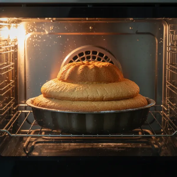 A traditional electric convection oven baking a large, multi-layered cake, showing even heat.