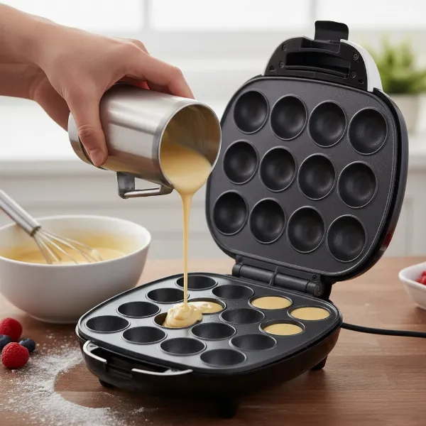 Hands pouring pancake batter into a cake pop maker for mini pancake bites
