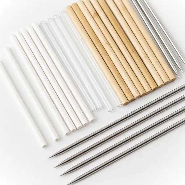 Assortment of cake pop sticks made from paper, plastic, bamboo, and metal materials.