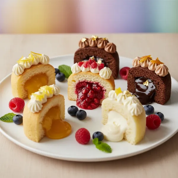 Assortment of mini cakes showcasing diverse injected fillings like fruit, chocolate, and cream.