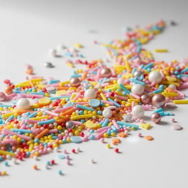 Close-up of various types of edible sprinkles for cake pops, including nonpareils, jimmies, and sugar pearls.